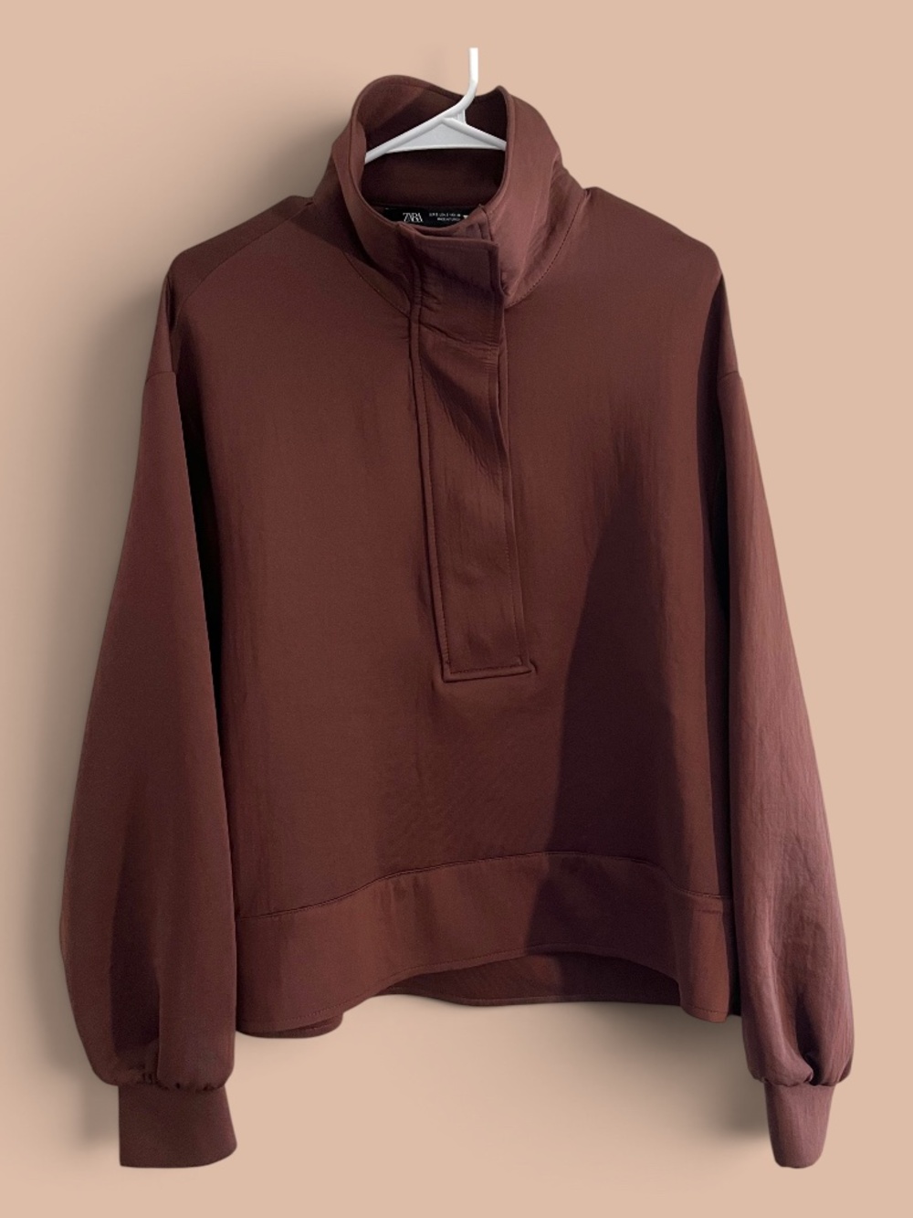 Zara Chocolate Brown Technical Scuba Mock Neck Snap Pullover Size S